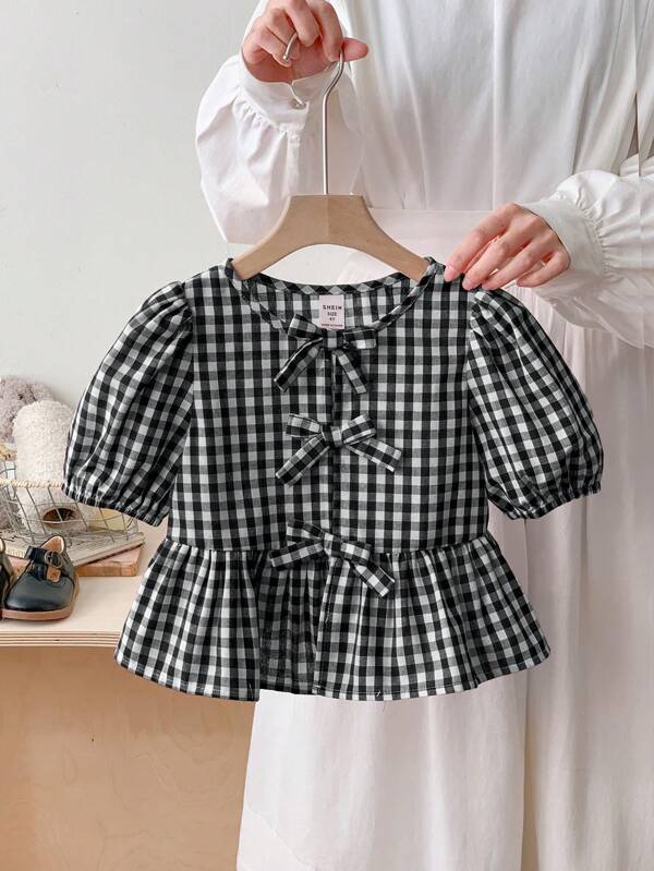 SHEIN LMoss Kids Young Girl's Spring/Summer Comfortable Red Plaid Woven Bow Details Puff Blouses, Valentine's Day, For School Daily Wear & Vacation & Holidays, Mom And Daughter & Sisters Matching.