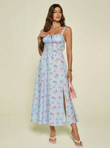 SHEIN Tall Vintage Garden Queue Patterned Square Neckline Sleeveless Ladies' Dress With Floral Bustier, Spring/Summer - Blue - View 7