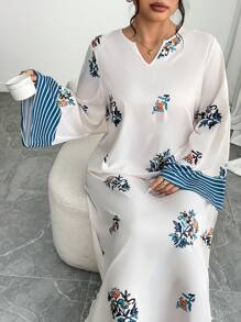 Al Najma Plus Size Women Arabic Print Long Sleeve Dress, Modest - Multicolor - View 4