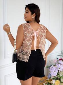 SHEIN Frenchy Plus Size Women Sleeveless Sequin & Mesh Patchwork Fashionable Top - Apricot - View 3