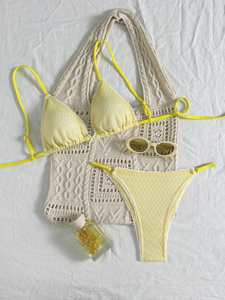 SHEIN Swim Women's Hollow Texture Fabric Yellow Bikini Set, Summer Beach Vacation - Yellow - View 1