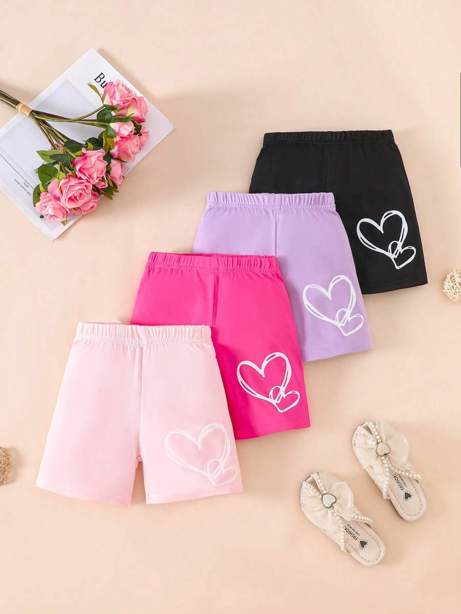4pcs/Set Girls' 5-Inch Bike Shorts With Heart Pattern, Toddler