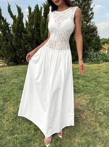 INAWLY Women's Round Neck Sleeveless Pleated Hem Lace Patchwork Dress