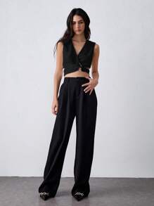 Lumivelle Asymmetrical Twist Knot Wrap Front White Blouse, Twist Metal Accent White Cropped Women's Top - Black - View 5