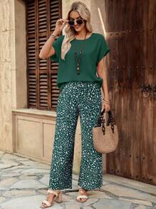 EMERY ROSE Bộ đồ nữ 2 món màu tương phản cổ tròn tay ngắn quần ống đứng họa tiết hoa nhỏ, trang phục thường ngày, xuân/hè - Màu xanh lam - Xem 6