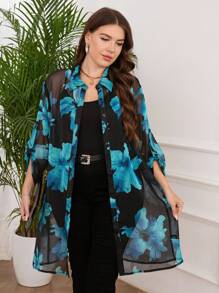 SHEIN Clasi Blusa holgada con estampado floral, manga con volantes y talla grande para vacaciones de mujer