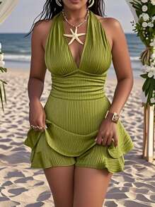 Slaydiva 2025 年夏季新音乐节、复活节、西部、游牧、优雅、庄重的设计连体裤、适合婚礼、生日、毕业典礼、学生、日常穿着、百搭、休闲、度假、邮轮旅行、海滩、日光浴、病毒设计、露背、露背、深 V 领、腰部褶饰、双层荷叶边下摆、纹理面料、绿色、女士连体裤