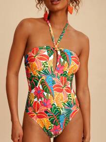 Travachic Women's Sexy Tropical Plant Print Halter One-Piece Swimsuit, Great For Vacation - Blue - View 1