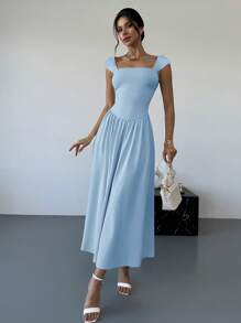 Firerie Nouvelle robe longue de printemps/été avec col carré, manches bouffantes, taille marquée, avec plis, nœud papillon et devant enveloppé. Élégante pour une tenue quotidienne ou un rendez-vous, couleur abricot