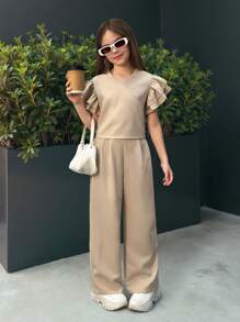 SHEIN Leap Crew Nova Glow 2 件套青少年女孩休闲通勤夸张袖 V 领背心和直筒裤套装 - 卡其色 - 查看 6