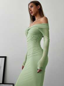 Aloruh Off Shoulder Mesh Twist Ruched Dress With Long Sleeve, Romantic For Date - Green - View 7
