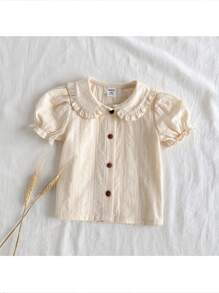 Loomiva Baby Girl Solid Color Ruffle Trim Bubble Sleeve Top, Casual & Versatile