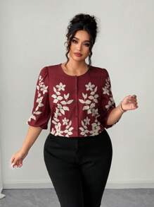 Blusa con mangas de farol estampada, bordada y texturizada de talla grande - Rojo y blanco - Ver 3