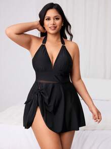 Swim Chiccia 1 Set Plus Size Women Mesh Patchwork Tankini Sets Swimdress, Black Beach Vacation Casual Swimwear For Summer - Black - View 3