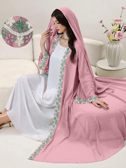 Al Najma 宽松长袍，带头巾，喇叭袖，流苏饰边，适合春夏季节，朴素长袍