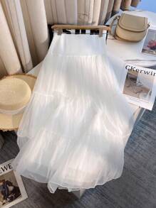 Chiquease Women's Solid Color Elastic Waist Ruffle Hem Long Casual Skirt - White - View 2