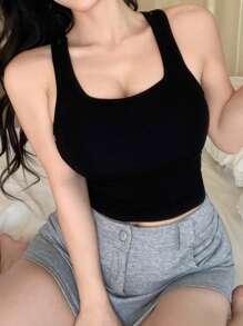 DAZY 女式迷人蕾丝拼布内置衬垫背心 - 黑色 - 查看 2