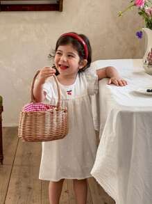 SHEIN Vestito da bambina casual con fiori ricamati a doppio strato e maniche a 3/4, per primavera/estate