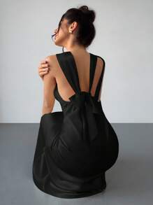 Firerie The New Yellow Satin Silk Elegant Backless Strappy Collar Ruffled Hem Long Dress Is Suitable For Wedding Season, Bridesmaid Dresses, Date Night, Cocktail Parties, Graduation Ceremonies, Garden Parties, Vacations And Other Occasions, Highlighting The Body Curves And Highlighting Personal Unique Charm,Rave Outfits Festival - Black - View 1