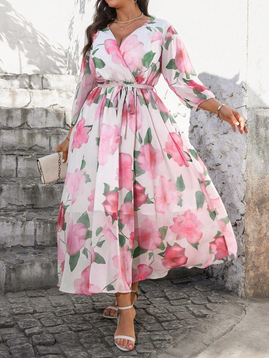 SHEIN Clasi Plus Size Women China Style Flowy White Dress,Autumn Elegant Tea Party Holiday Casual Loose Maxi Gown Suitable For Street,Vacation,Festival Boho - Pink - View 1