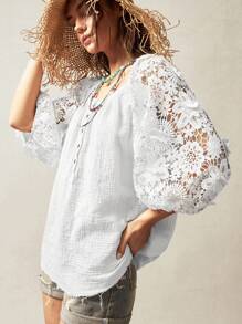 Bohemela Women's White Woven Casual Blouse With Scoop Neck, Half Sleeves, And Contrast Lace Detailing - White - View 3