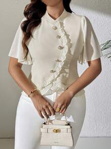 Celure Große Größen Hemd mit Stehkragen, Plissee Rüschenärmel, Metallknöpfe dekoriertes elegantes Hemd mit gerüschtem Saum