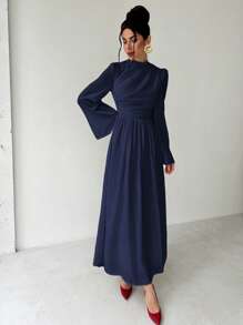 Firerie 女士优雅简约浪漫迷人通勤聚会约会俱乐部褶皱喇叭袖收腰白色 A 字裙，秋冬 - 藏蓝色 - 查看 3