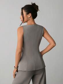 SHEIN PETITE 办公室仙女风女装春夏通勤新款假口袋装饰船领卡其色西装马甲开襟西装外套西装裤两件套适合夏季约会 - 灰色 - 查看 2