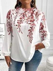 Flirla Blusa de manga farol con estampado de plantas para mujer de talla grande para vacaciones - Rojo - Ver 6