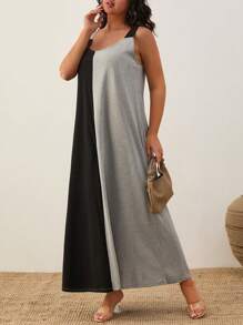 SHEIN Cottnline Vestido informal holgado de bloques de color para talla grande - Negro - Ver 5