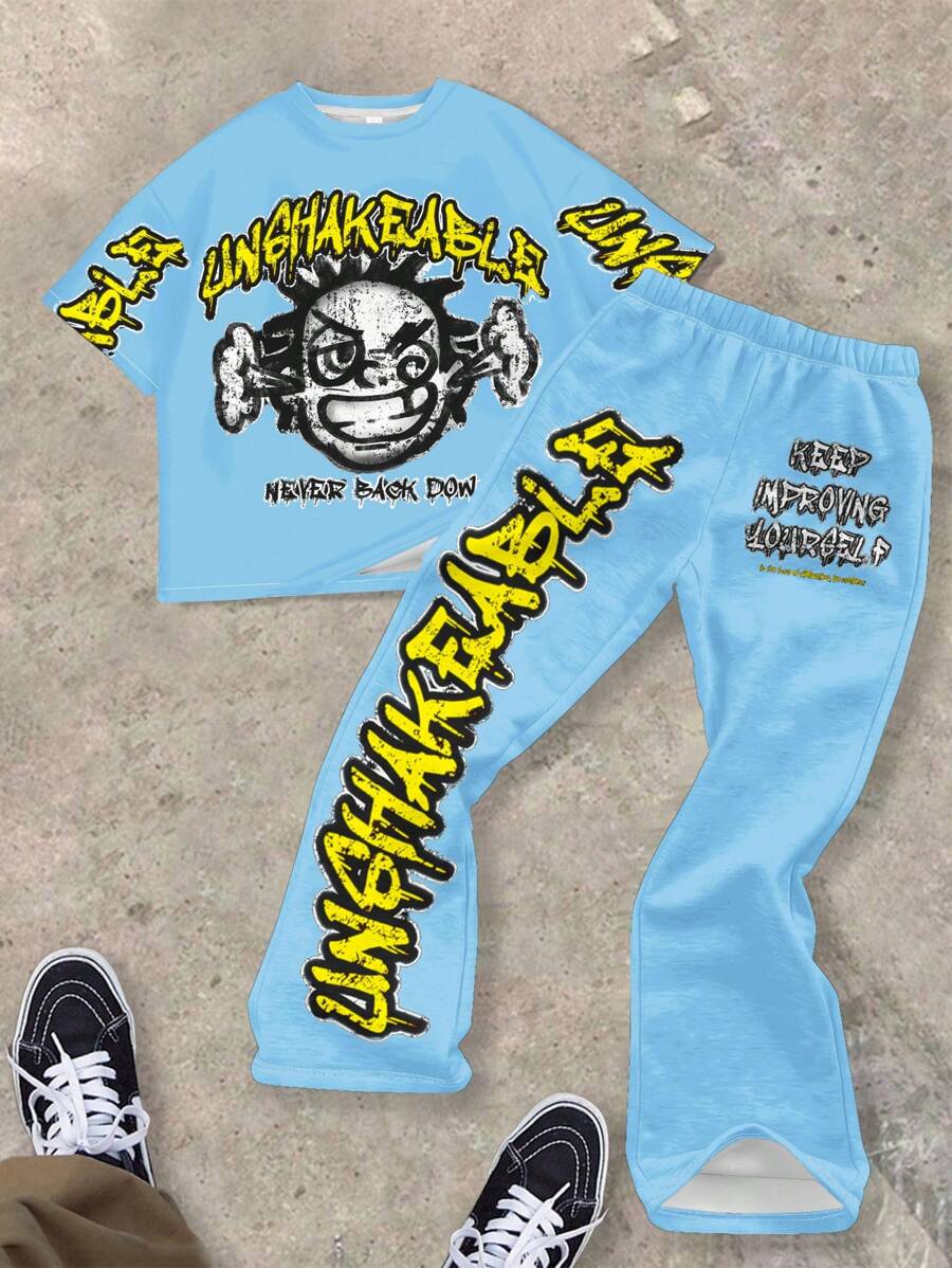 SHEIN Leap Crew 2pcs Set: Boys Collared T-Shirt And Flared Pants, Casual Summer Outfit - Multicolor - View 1