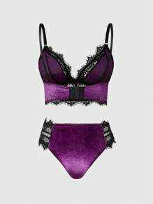 ROMWE Gothic Velvet Lace Triangle Cup Bra & Thong Panty Set, For Valentine's Day - Purple - View 2