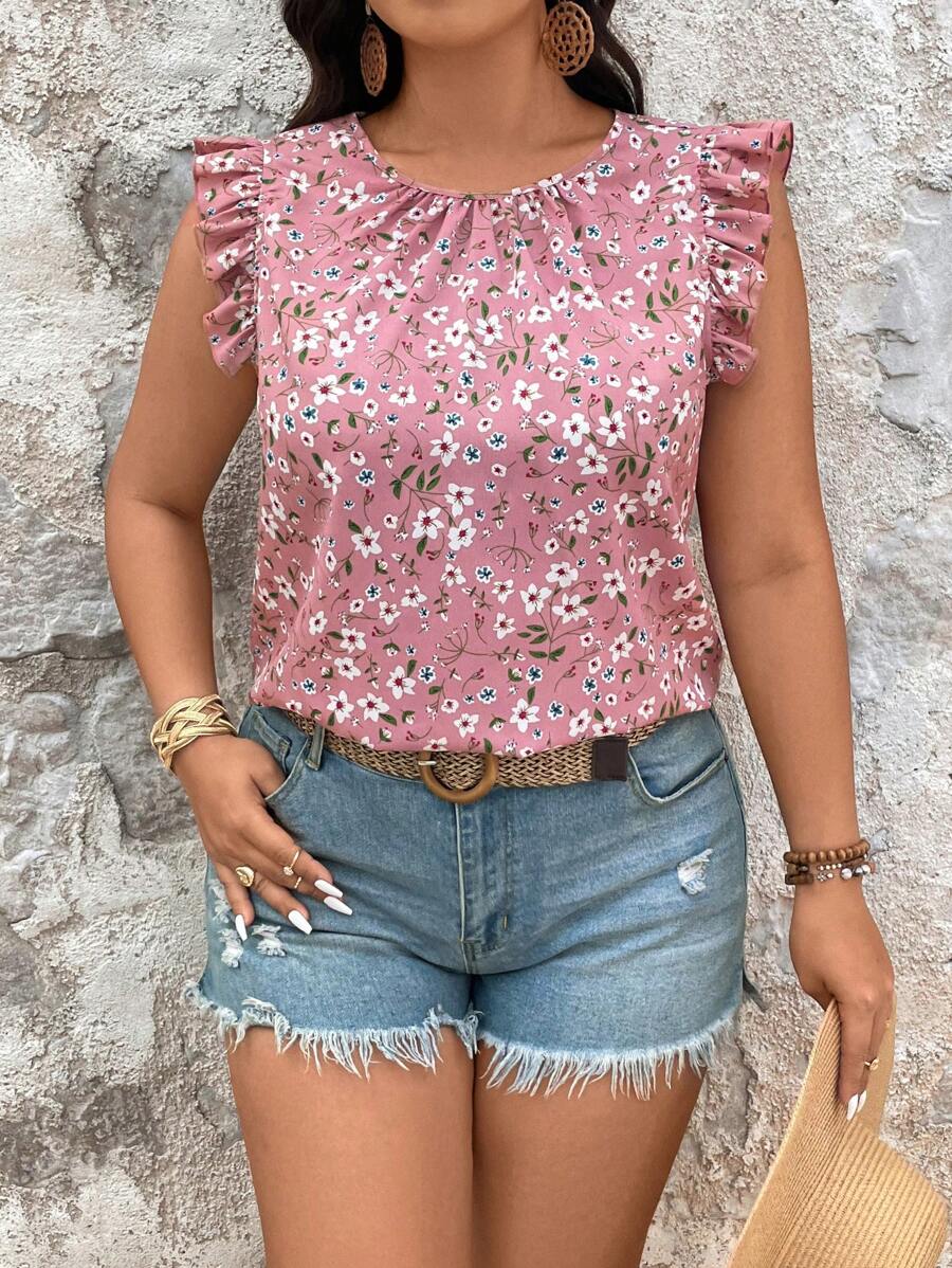 SHEIN VCAY Blusa casual de cuello redondo con mangas cortas, estampado floral pequeño, para outfits de verano, para mujer talla grande, blusas de verano lindas, camisa floral rosa con volantes - Multicolor - Ver 1
