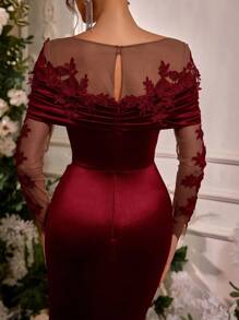 Glamrae Elegante y lujoso vestido de satén elástico de manga larga con aplicaciones de encaje bordado, diseño de cola de sirena, adecuado para bodas, fiestas, vacaciones, bailes de graduación y ocasiones formales (diseño de lujo), vestido de invitada de boda, vestido de noche, vestido de gala