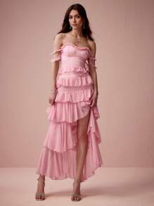 Enchnt Damen Kleid mit Schulterausschnitt, einfarbig, Rüschensaum, hoher Schlitz - Pink - Übersicht 4