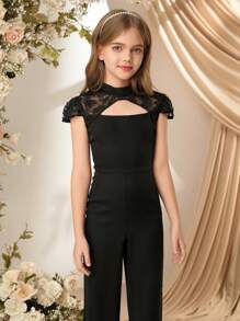 SHEIN Tween Girls Casual Stand Collar Lace Decor Form-Fitting Jumpsuit For Outing, Spring/Summer - Black - View 3