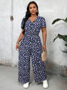 SHEIN LUNE Plus Size V-Neck Short Sleeve Jumpsuit, Minimalist & Fashionable, Suitable For Summer - Navy Blue - View 4