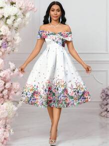 SHEIN Lady 女士花卉印花 V 领单肩露肩优雅婚礼宾客鸡尾酒会礼服女士夏季服装复活节礼服女士端庄礼服露肩淡色花卉优雅度假服装女士休闲复活节礼服女士度假服装 - 彩色 - 查看 4