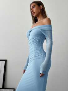 Aloruh 女士浪漫露肩网眼扭褶长袖连衣裙 - 藍色 - 查看 7