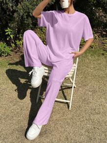 SHEIN EZwear 针织纹理宽松T恤和裤子套装，夏季休闲装 - 淡紫色 - 查看 7