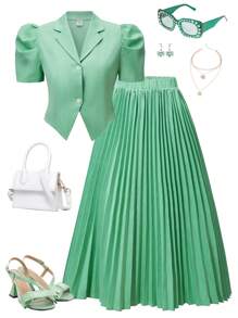 SHEIN 2pcs/Set Teen Girls Lapel Ruched Short Sleeve Button Front Blazer And Ruched Midi Skirt Suit - Green - View 1