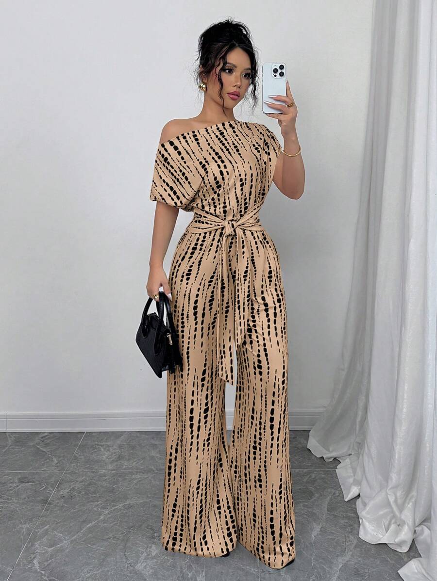 Elenzga 女式扎染印花不对称领阔腿连体裤，适合约会、工作、度假、节日、夏季休闲装、波西米亚风格 - 棕色 - 查看 1