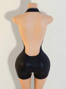Mono de verano sin mangas ajustado y versátil con estampado de leopardo y escote en la espalda en V profunda para mujer - Negro - Ver 2