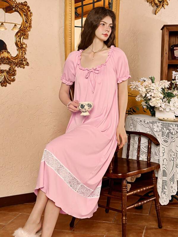Côtesoire Women's Elegant Loose Lace Trim Long Nightgown
