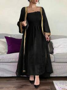 Chiquease 2pcs Women's Fashion Splicing Webbing Long Sleeve Jacket And Flowy Strapless Dress Set - Black - View 5