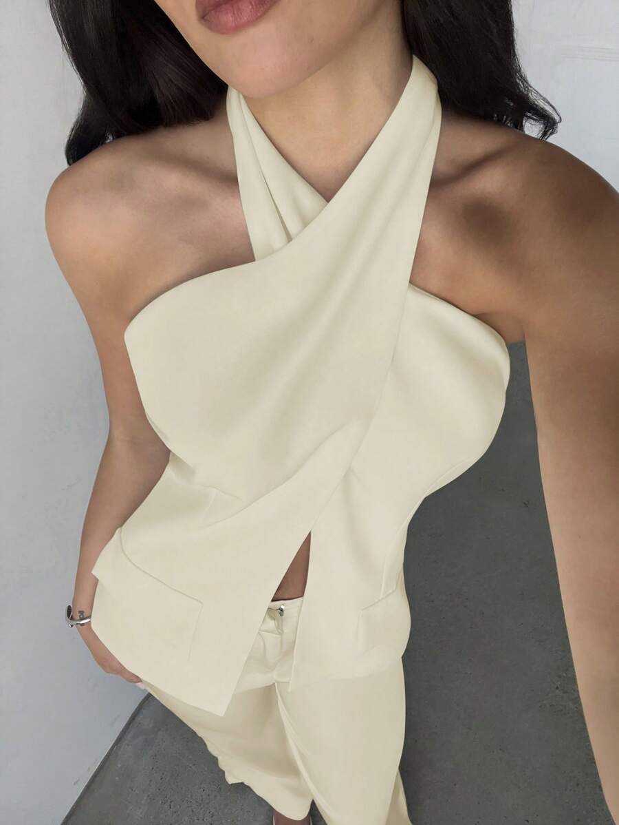 Aloruh Top sans manches de couleur unie avec fente latérale et col ras-du-cou, convient pour le trajet domicile-travail - Nude - Voir 1