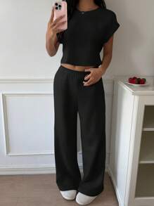 CovetEZ 女士黑色针织短袖上衣和裤子家居服套装