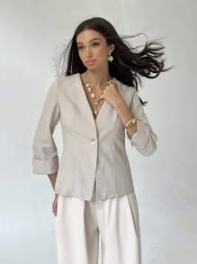 Aloruh 女式简约休闲纯色单扣轻便夹克 - 卡其色 - 查看 6