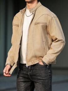 Manfinity LEGND Men's Khaki Denim Jacket With Stand Collar Zipper Details And Wrist-Length Sleeves