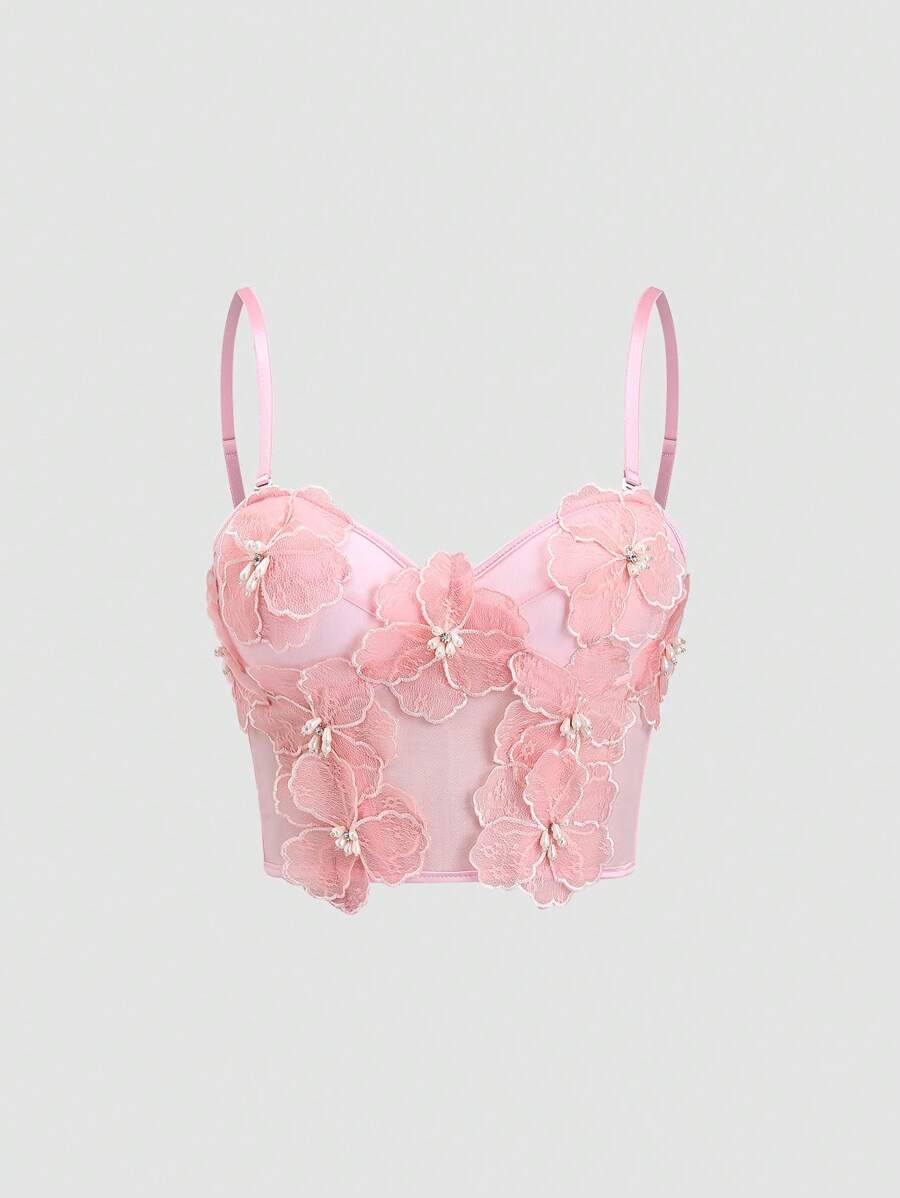 Sweetra Summer Elegant 3D Floral Decor Cropped Camisole - Pink - View 1